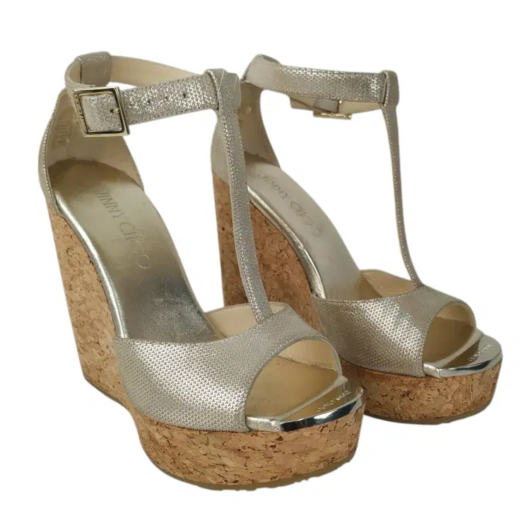 Jimmy Choo Pela T-Bar Leather Cork Wedge Sandals-Hover-Image