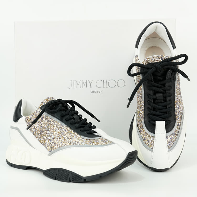 Size - 38 Jimmy Choo White/Sliver Leather And Glitter Raine Low Top Sneakers-Hover-Image