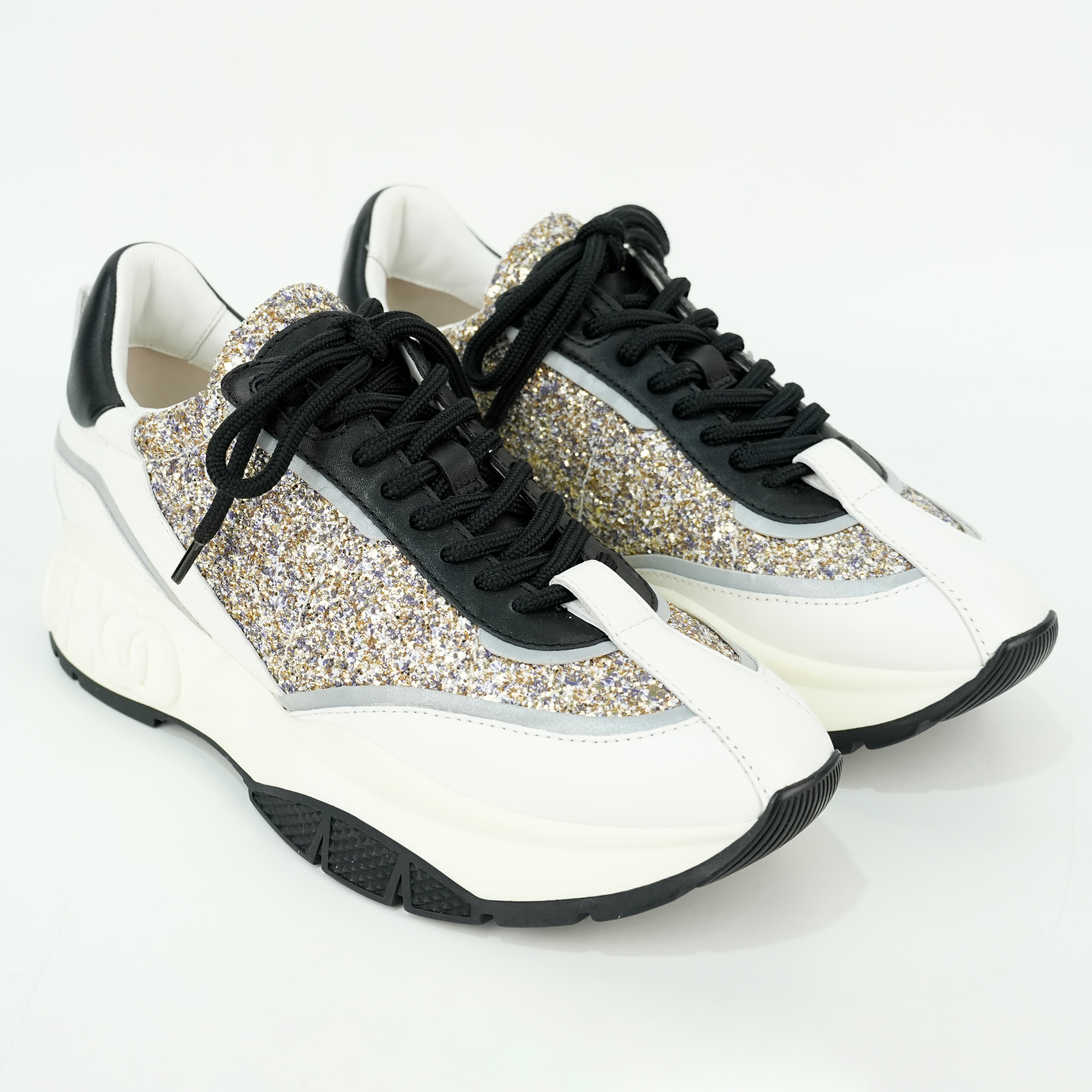 Size - 38 Jimmy Choo White/Sliver Leather And Glitter Raine Low Top Sneakers