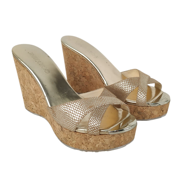 Size 38 - Jimmy Choo Beige Lizard Embossed Leather Perfume Cork Wedge Slide Sandals-Hover-Image