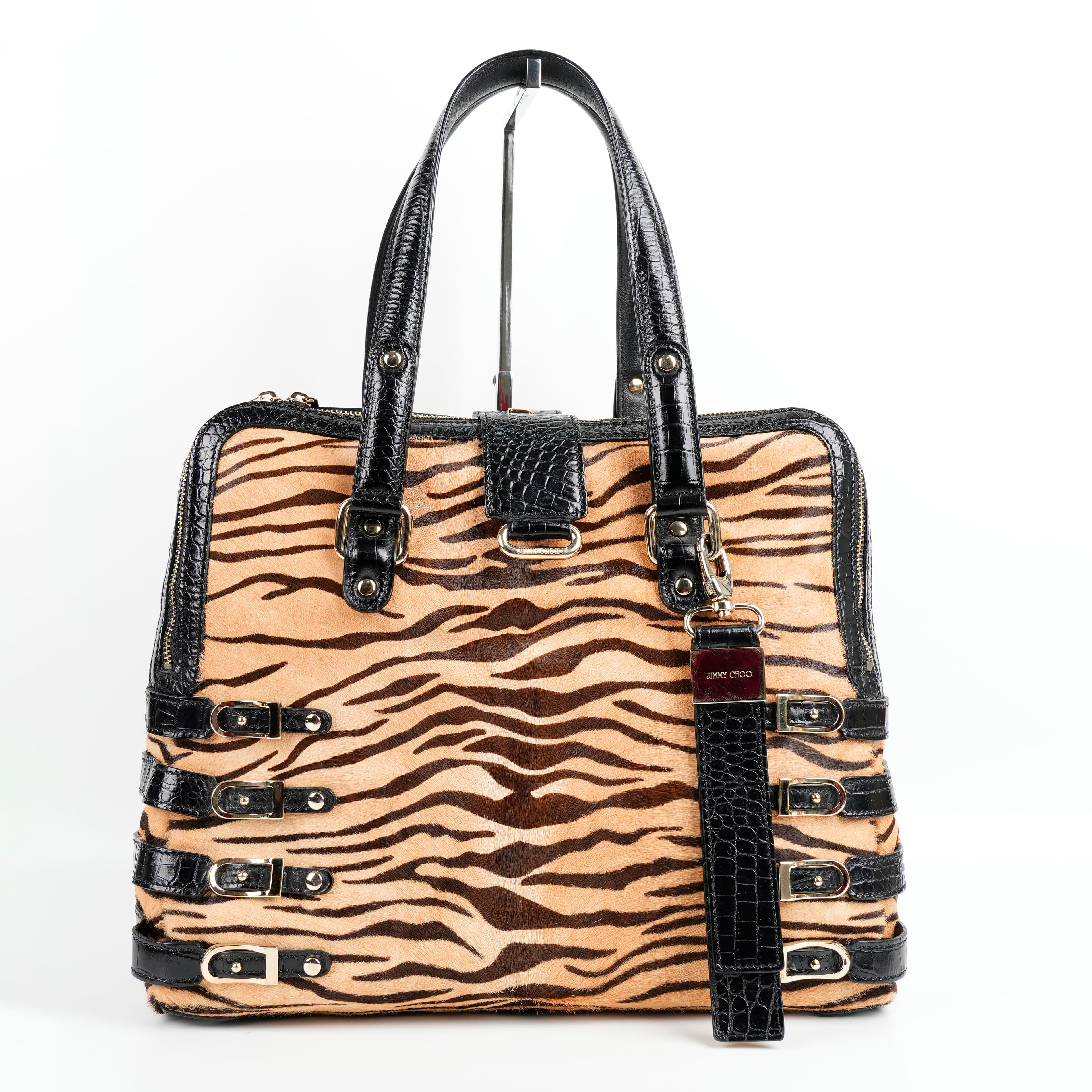 Jimmy Choo Brown/Black Leopard Print Calfhair and Croc Embossed Leather Blythe M Bag 
