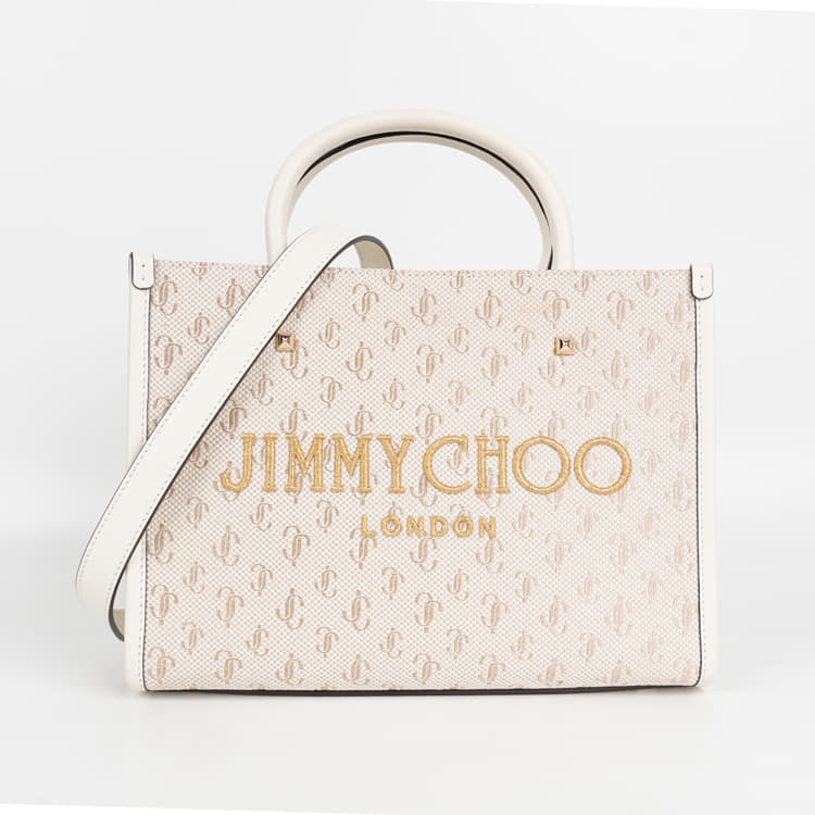Jimmy Choo JC Logo Jacquard Lurex Soft Shiny Calfskin Medium Varenne Tote Bag Latte Gold Light Gold-Hover-Image