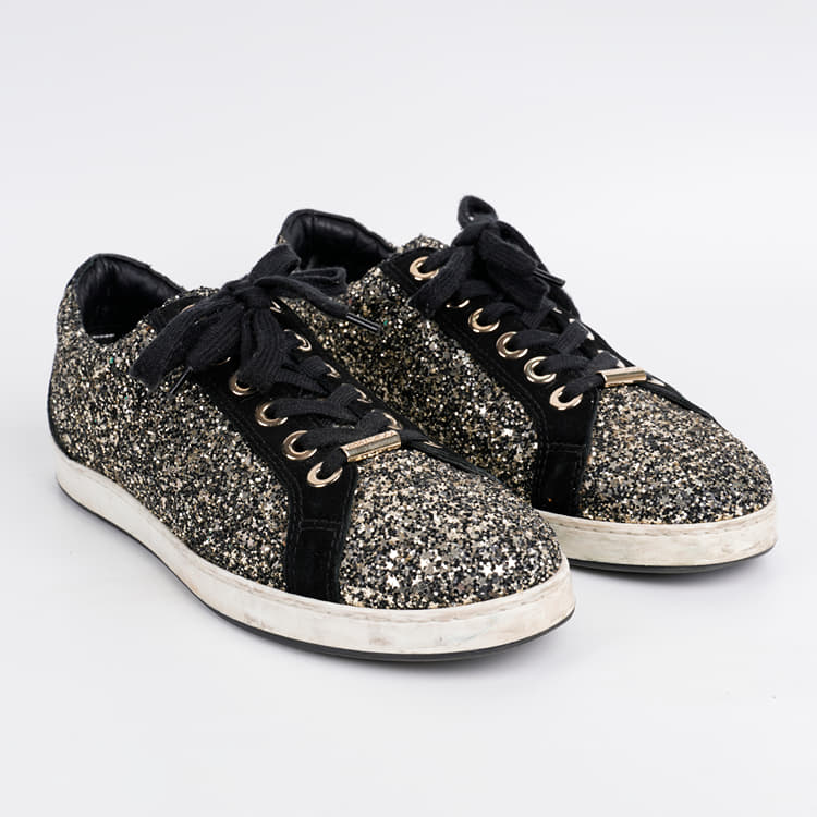 Size 39 - Jimmy Choo Black/Gold Glitter And Suede Leather Low Top Sneakers-Hover-Image