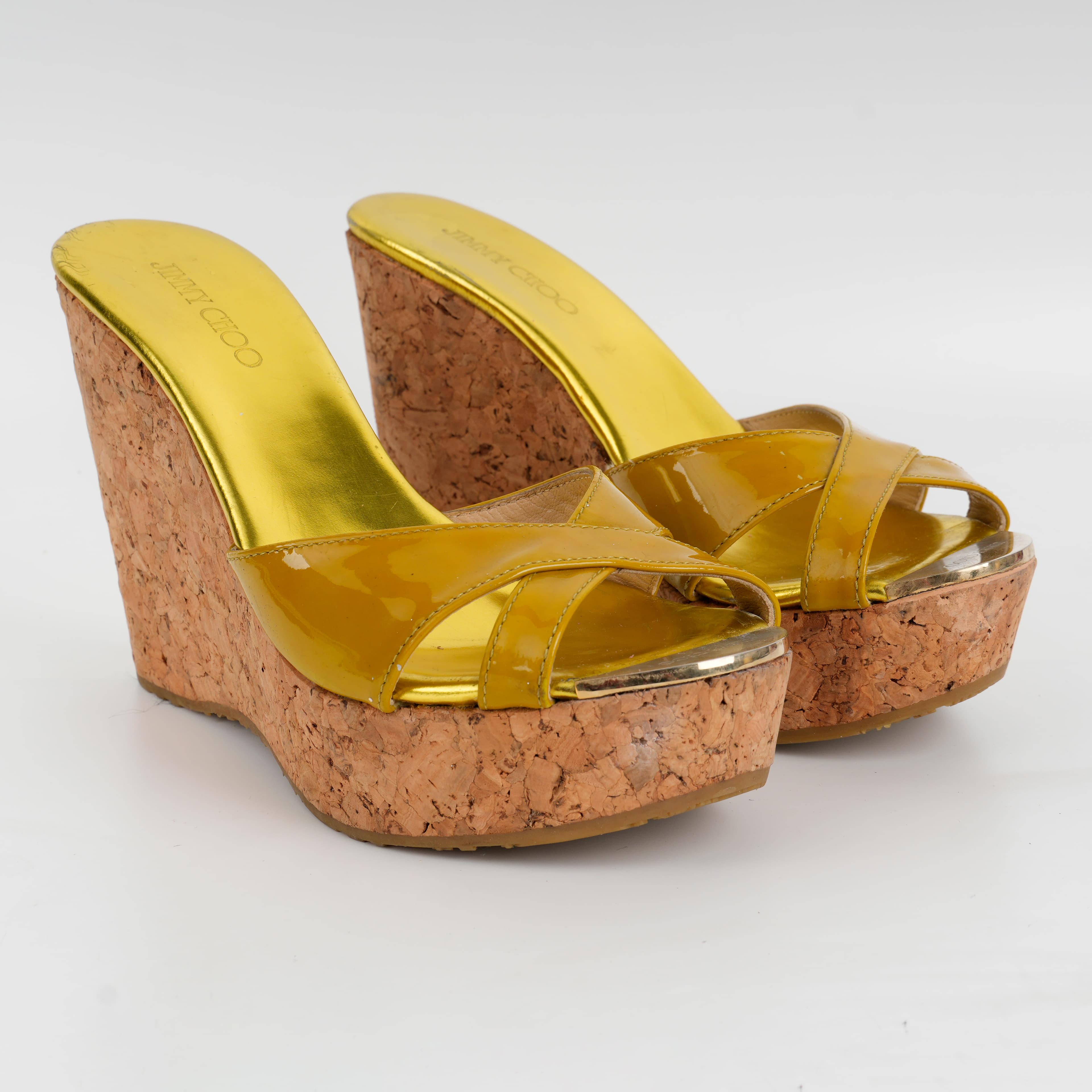 Size 36.5 - Jimmy Choo Metallic Yellow Patent Leather Pandora Cork Platform Wedges