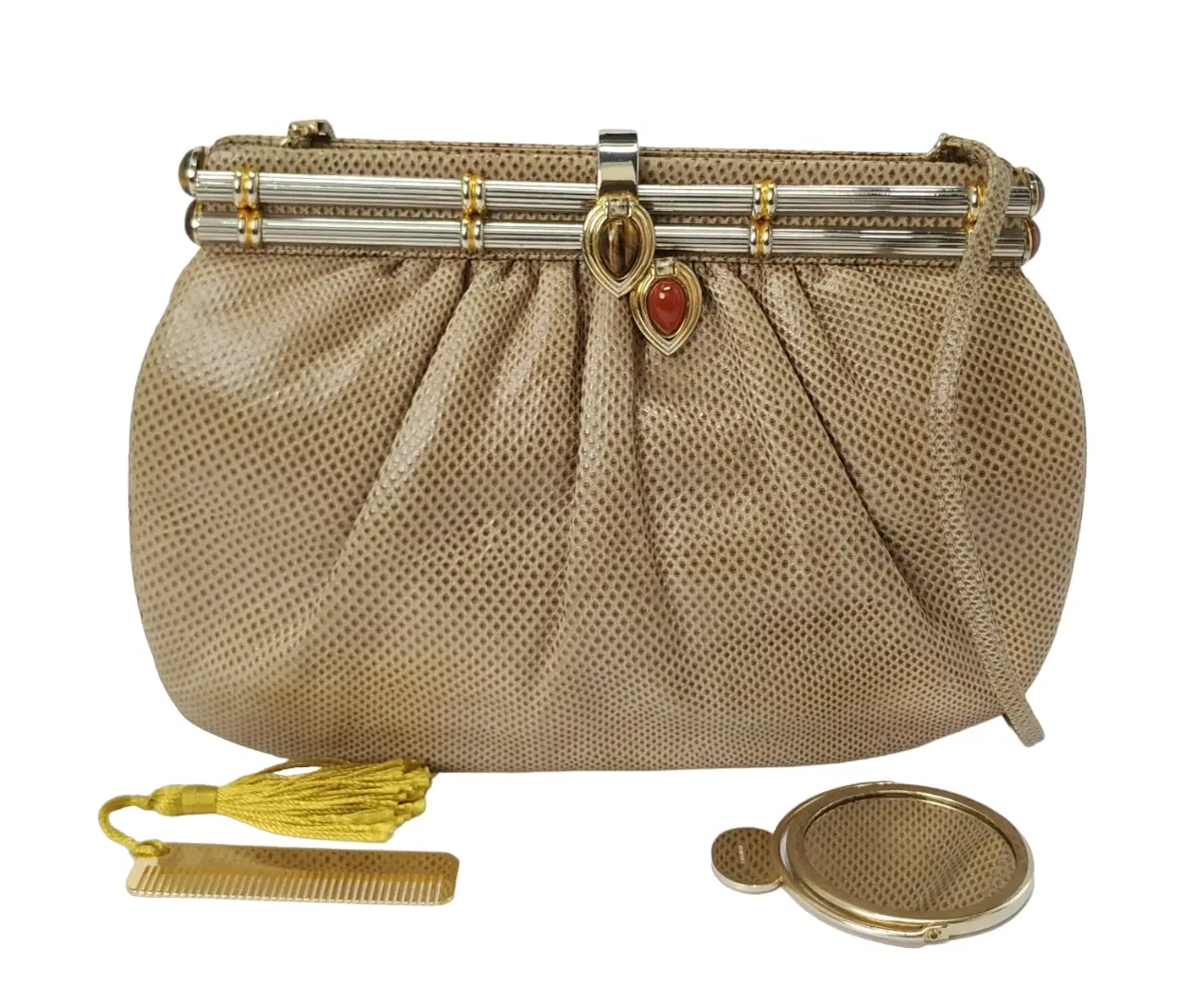 Judith Leiber Gold Karung Exotic Skin Vintage Strap Clutch