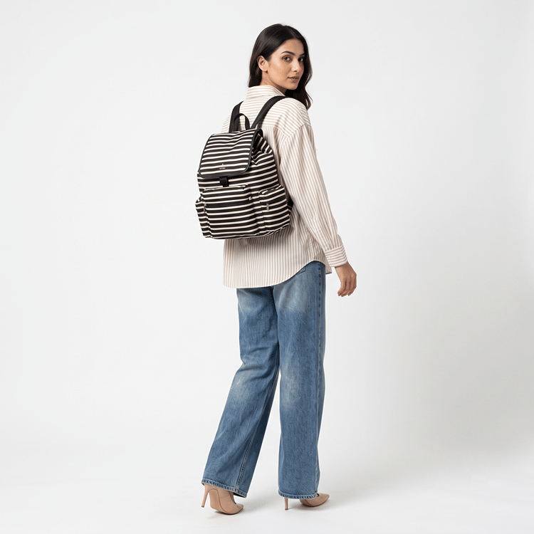 Kate Spade New York Molly Black and Cream Striped Nylon Backpack-Hover-Image
