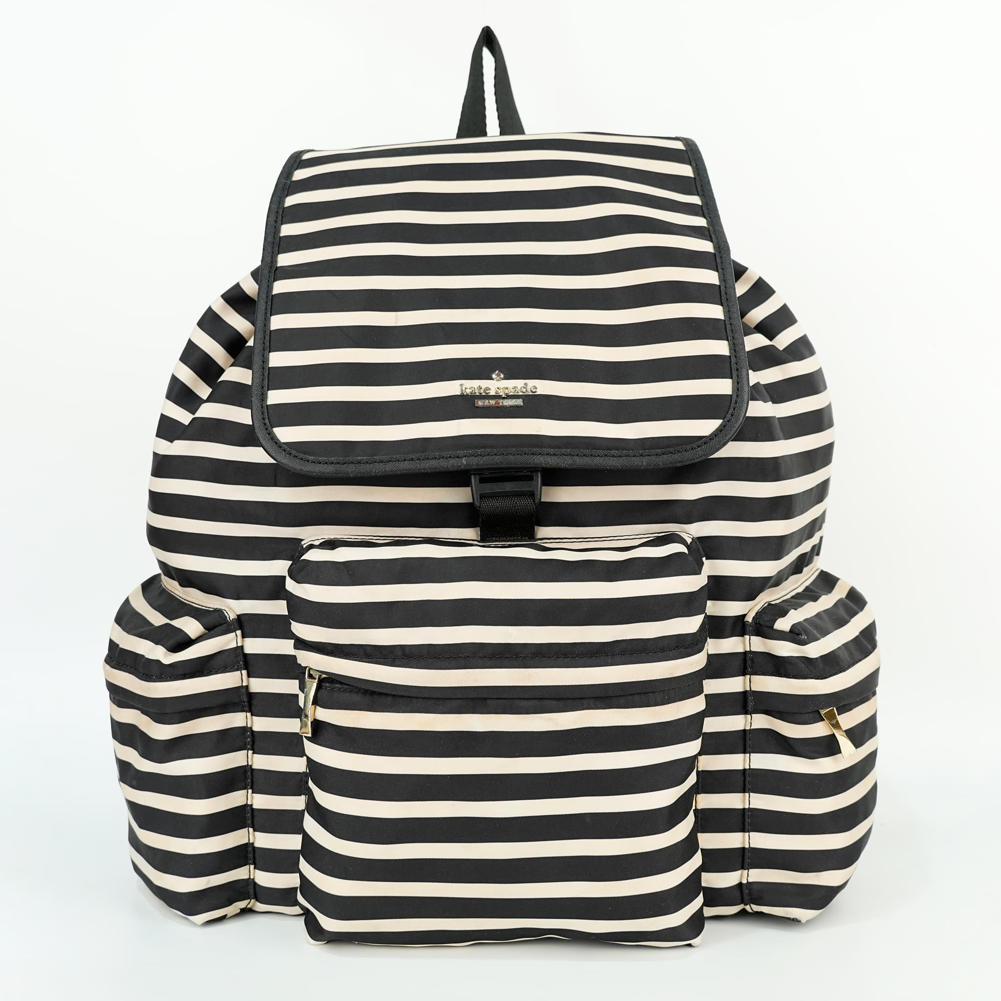 Kate Spade New York Molly Black and Cream Striped Nylon Backpack