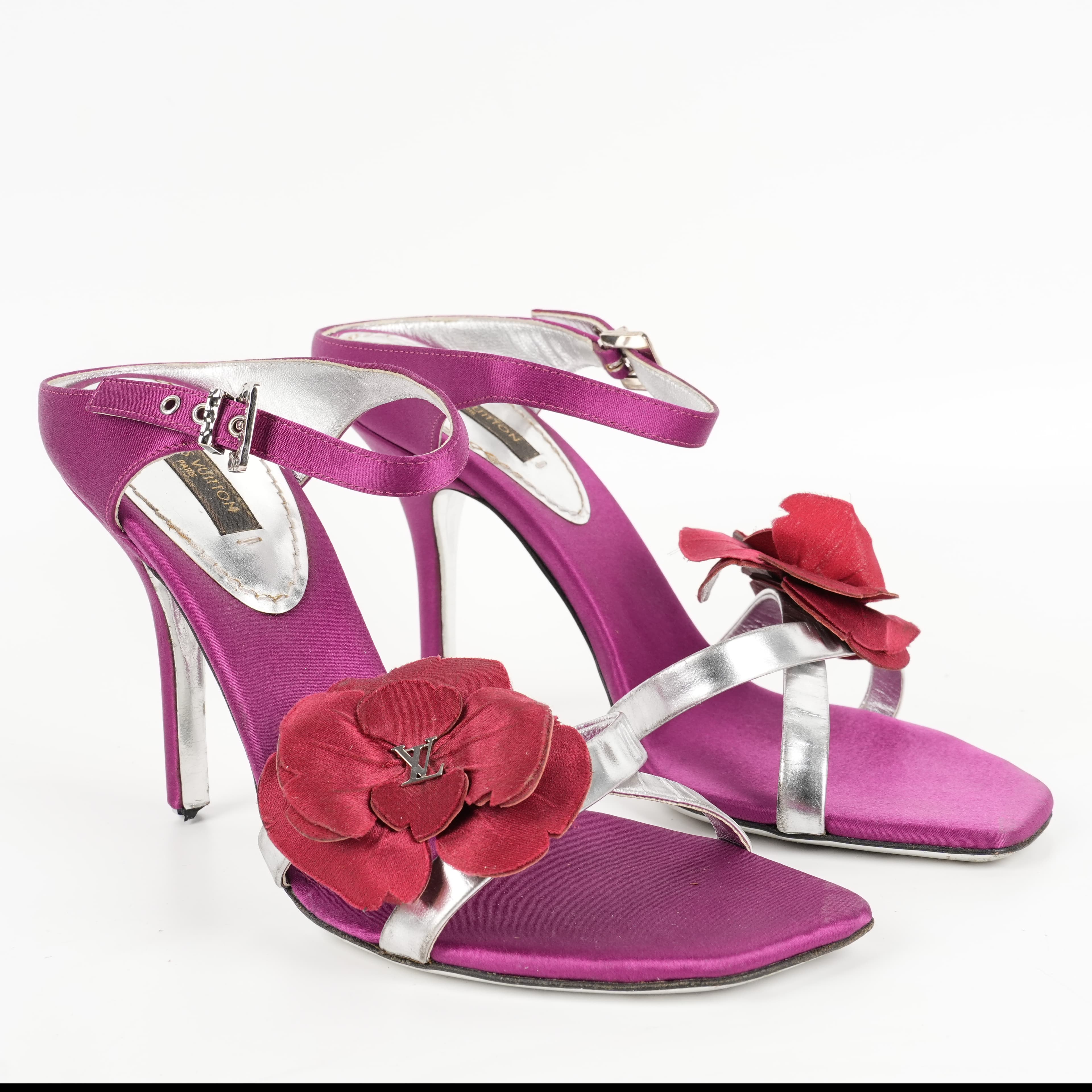 Size 36 - Louis Vuitton Magenta/Silver Satin And Leather Flower Applique Strap Sandals
