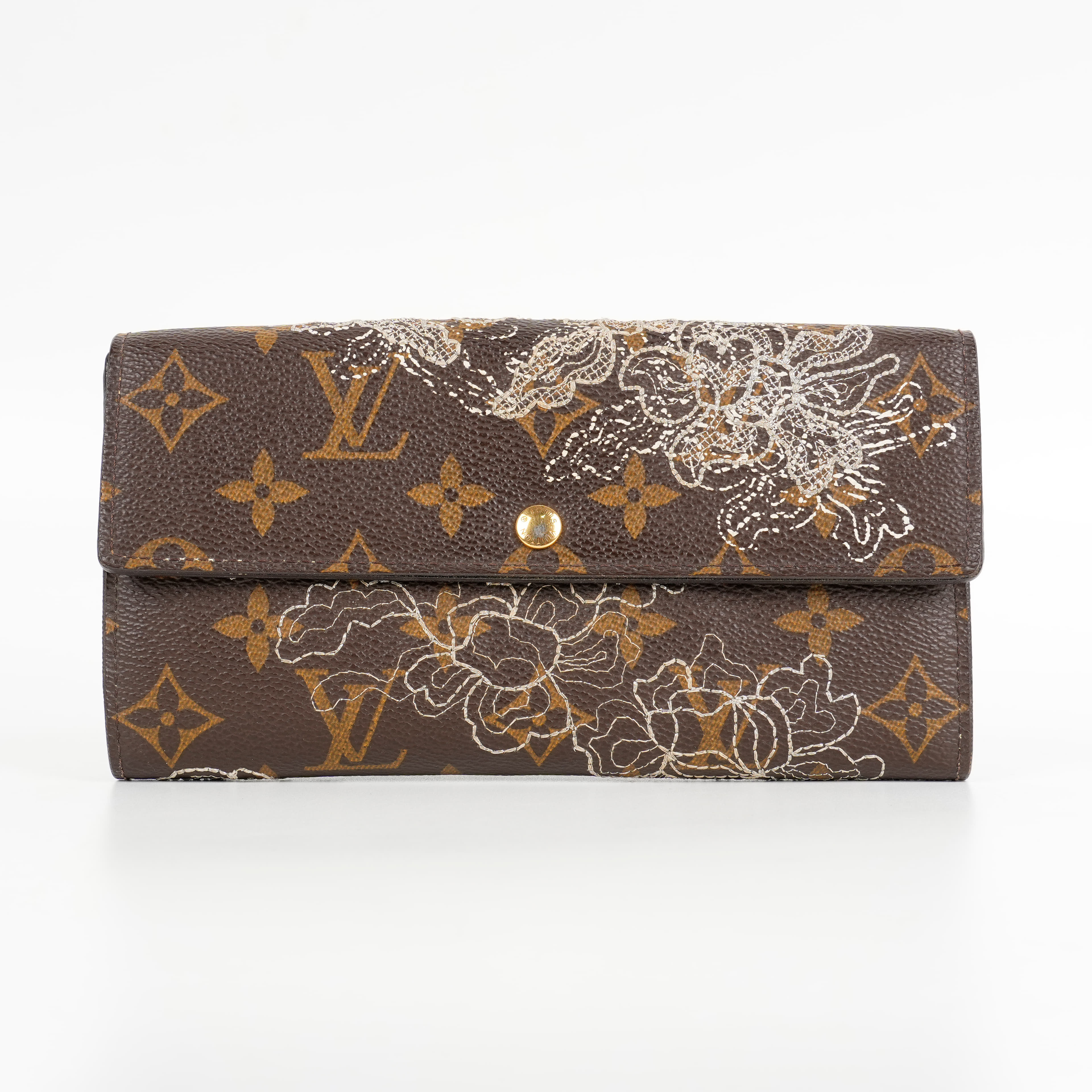 Louis Vuitton Monogram Dentelle Sarah Wallet With Silver Or Gold Lace Embroidery