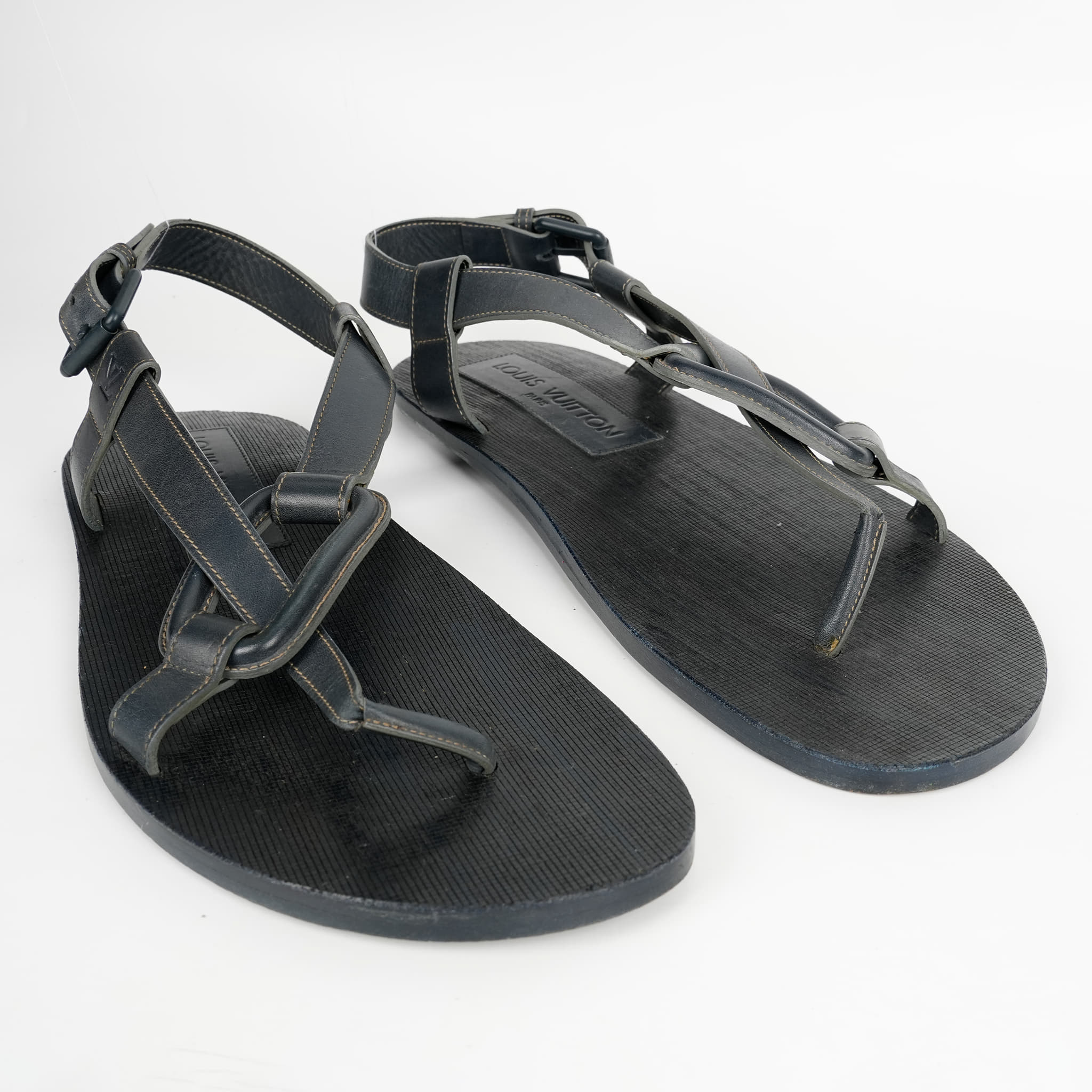 Size 8.5 - Louis Vuitton Black Flat Strap Leather Sandals
