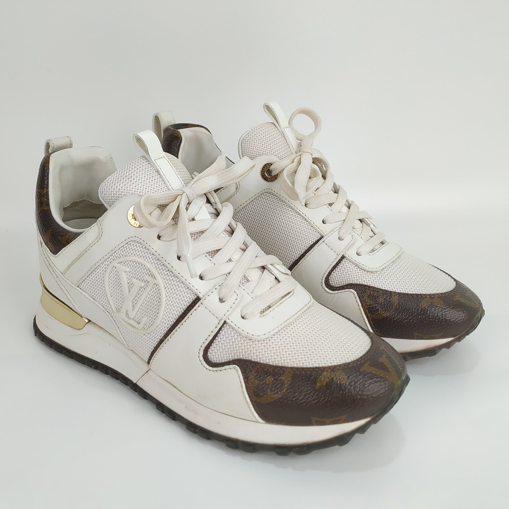 Size 36 - Louis Vuitton White/Brown Leather And Monogram Canvas Run Away Sneakers