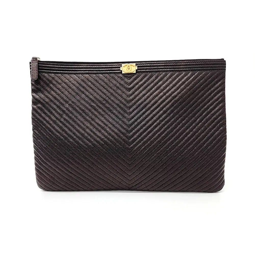 Chanel Caviar Chevron Boy Clutch Large