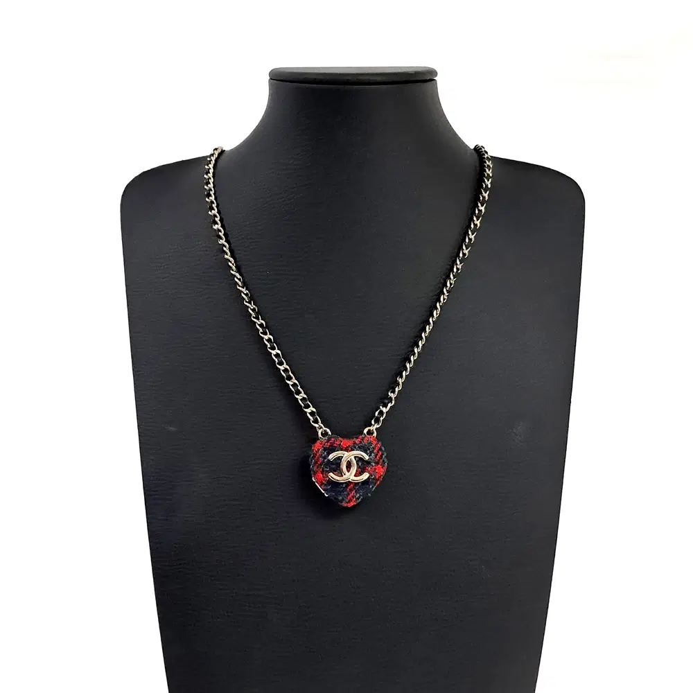 Chanel Tweed Heart Necklace Ab9483