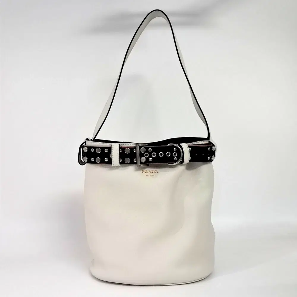 Prada Buckle Leather Studded Belt Bucket Bag