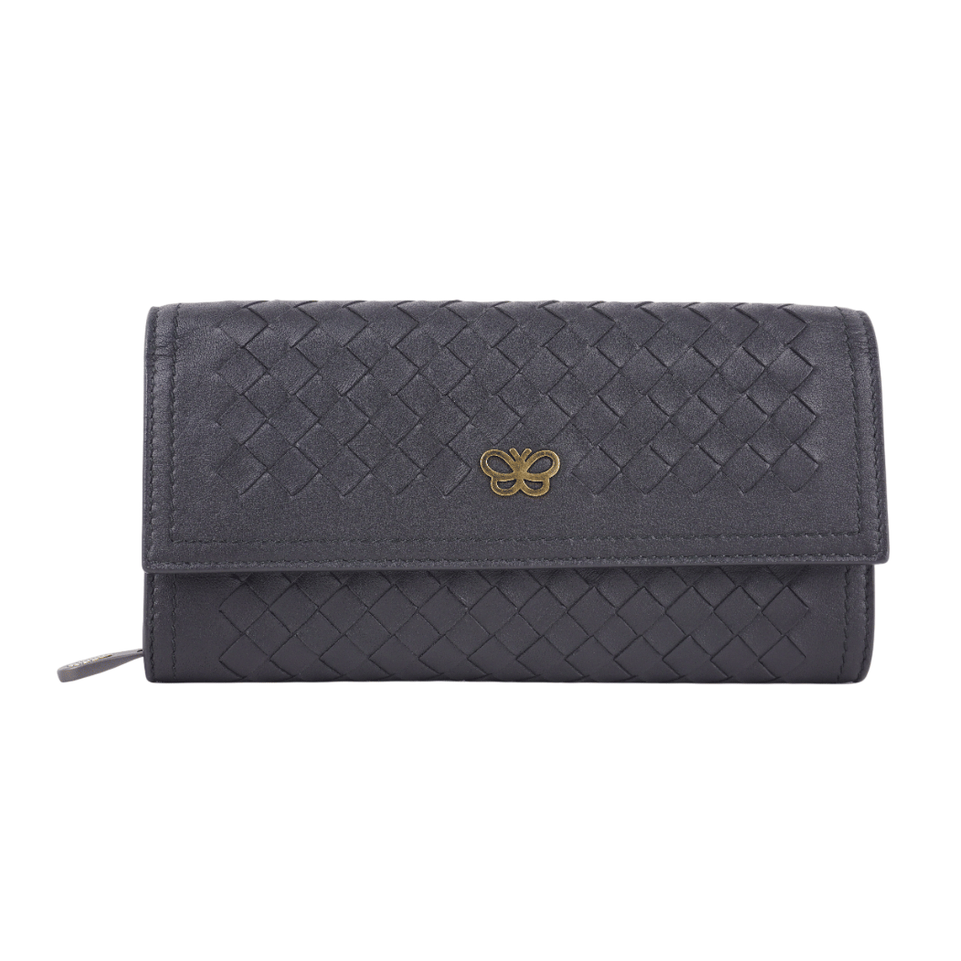 Bottega Veneta Black Intrecciato Leather Continental Flap Wallet Butterfly Logo