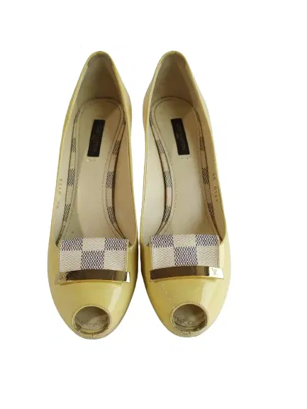 Louis Vuitton Damier Azur Cream Patent Leather Peep Toe Pumps