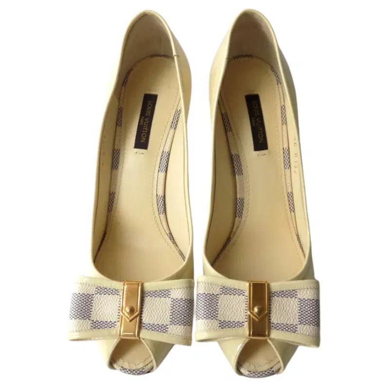 Louis Vuitton Cream Patent Damier Azure Valentine Peep Toe Pumps