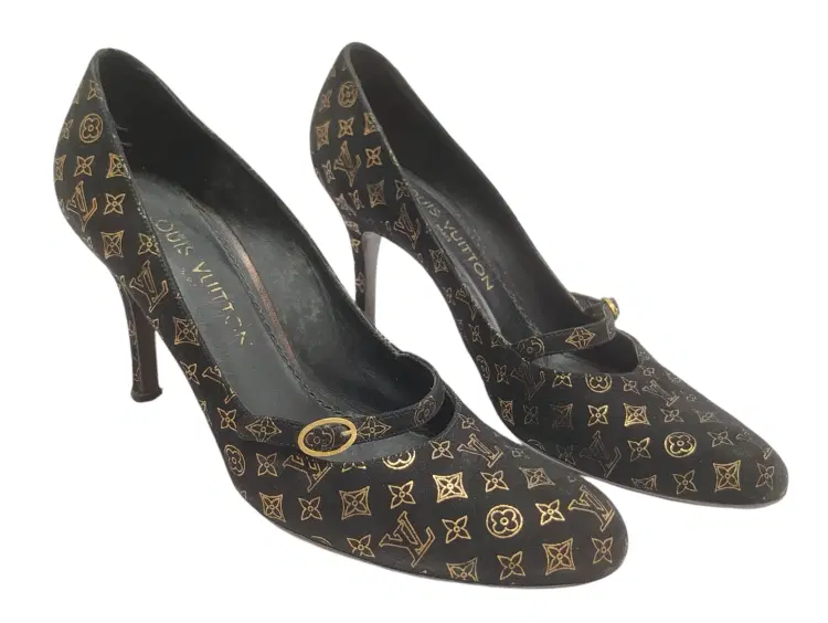 Size 38 - Louis Vuitton Monogram Logo Black Suede Mary Jane Vintage Pumps-Hover-Image