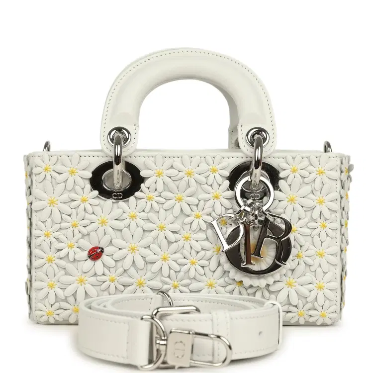 Christian Dior Mini Lady D-Joy Bag "Daisy" White Embroidered Lambskin Silver Hardware-Hover-Image