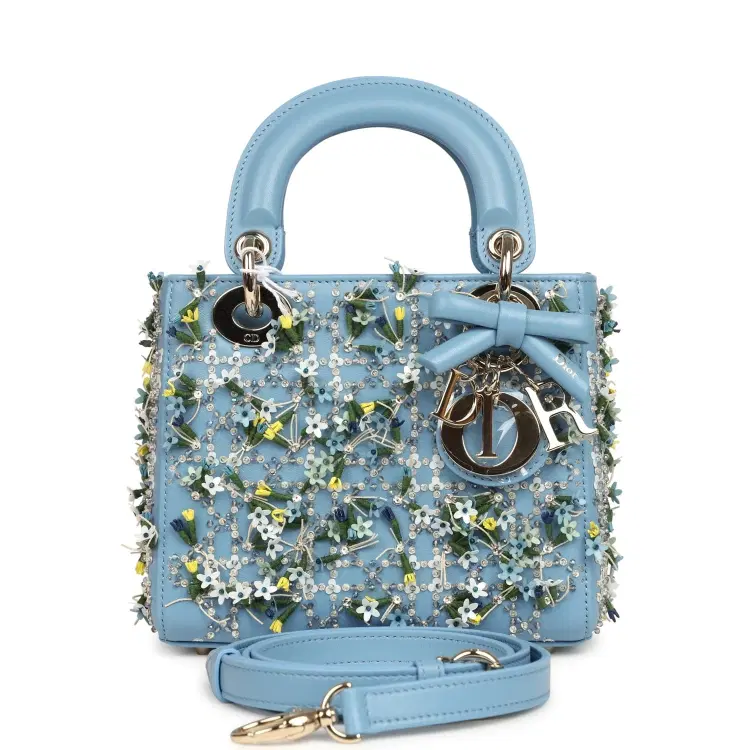 Christian Dior Mini Lady Dior Bag "3D Garden" Blue Multi Embellished Lambskin Light Gold Hardware-Hover-Image