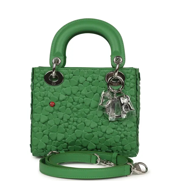 Christian Dior Mini Lady Dior Bag "Clover" Shamrock Lucky Green Lambskin Silver Hardware-Hover-Image