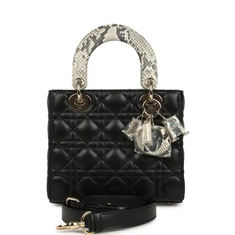 Christian Dior Small Lady Dior Bag Black Cannage Lambskin and Multicolor Python Light Gold Hardware-Hover-Image