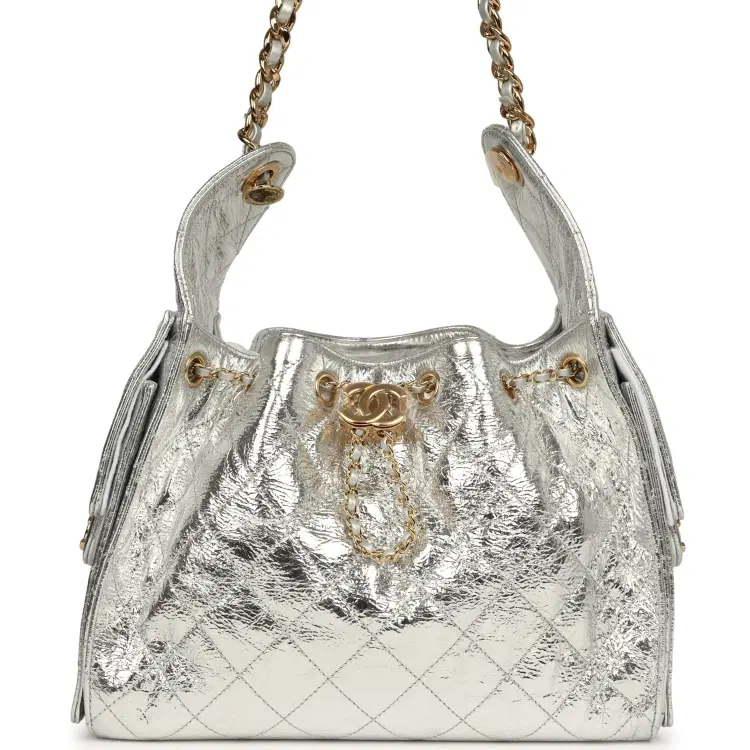 Chanel Small 25 Hobo Bag Silver Metallic Calfskin Gold Hardware-Hover-Image