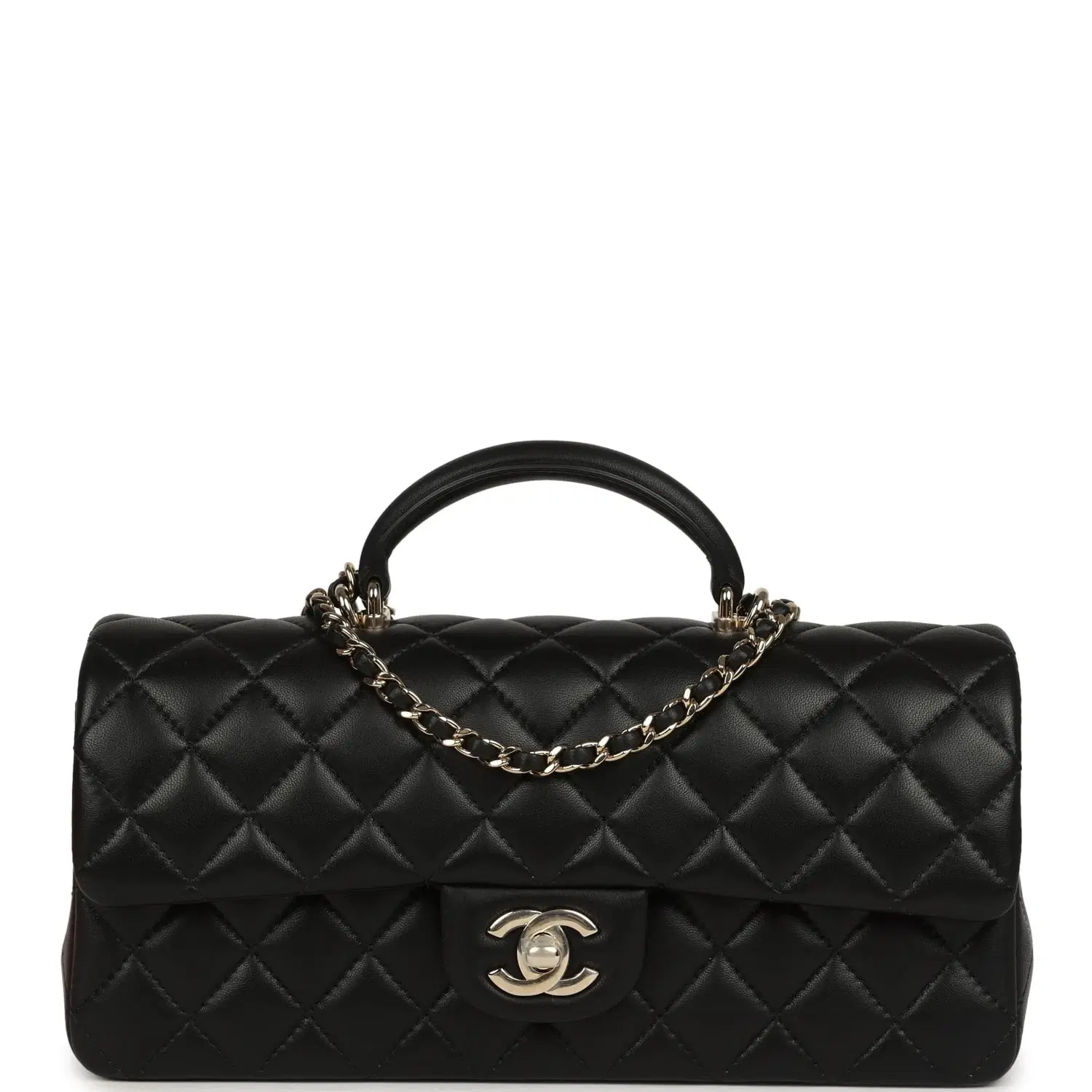 Chanel Classic Top Handle Long Flap Bag Black Lambskin Light Gold Hardware