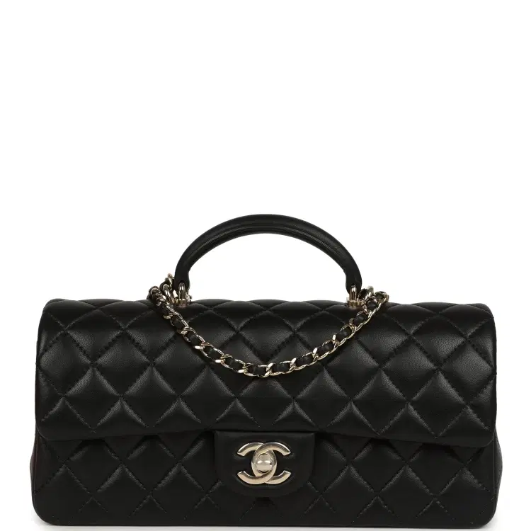 Chanel Classic Top Handle Long Flap Bag Black Lambskin Light Gold Hardware-Hover-Image