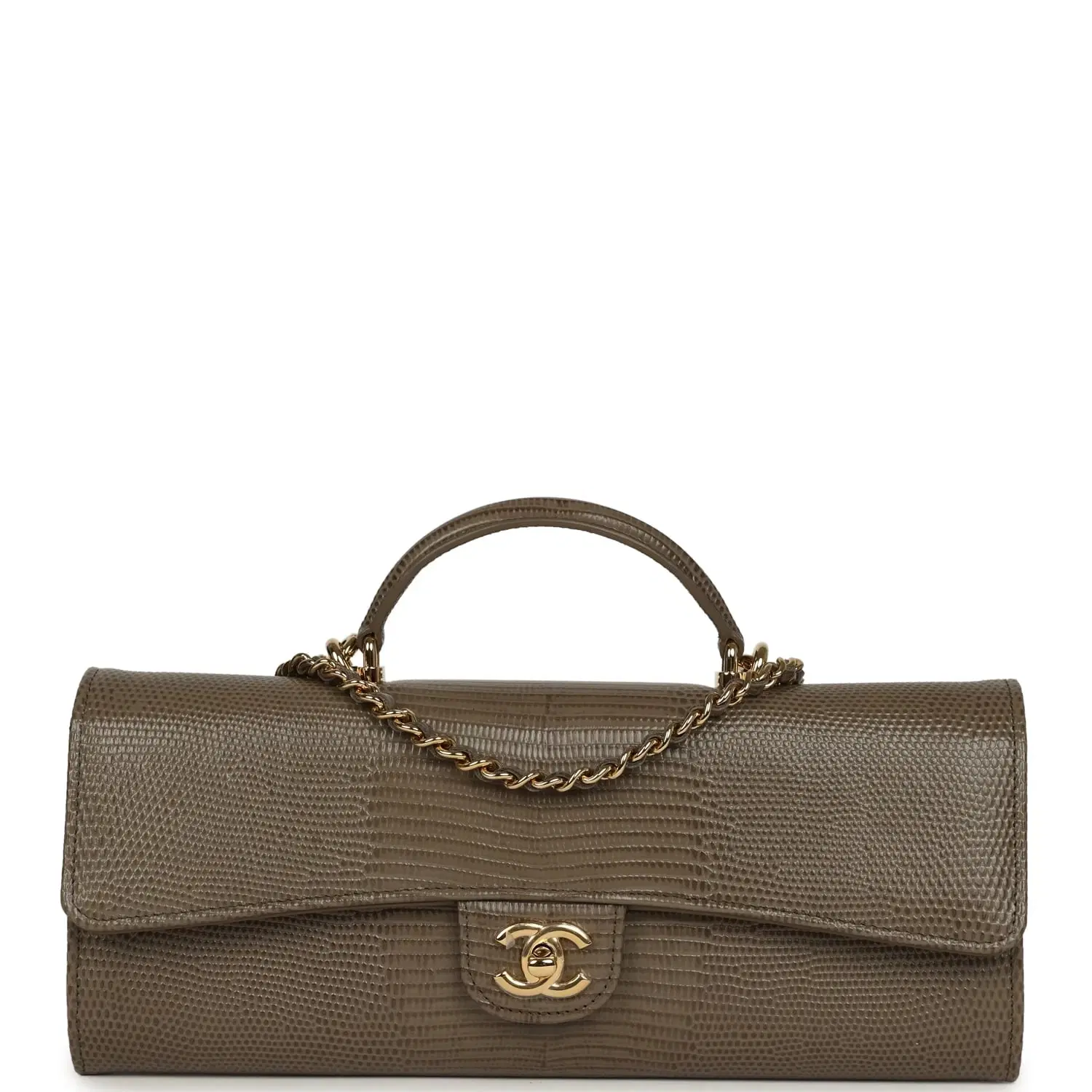 Chanel Long Top Handle Clutch with Chain Dark Khaki Lizard Embossed Calfskin Gold Hardware