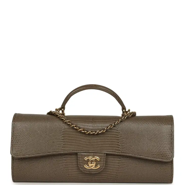 Chanel Long Top Handle Clutch with Chain Dark Khaki Lizard Embossed Calfskin Gold Hardware-Hover-Image