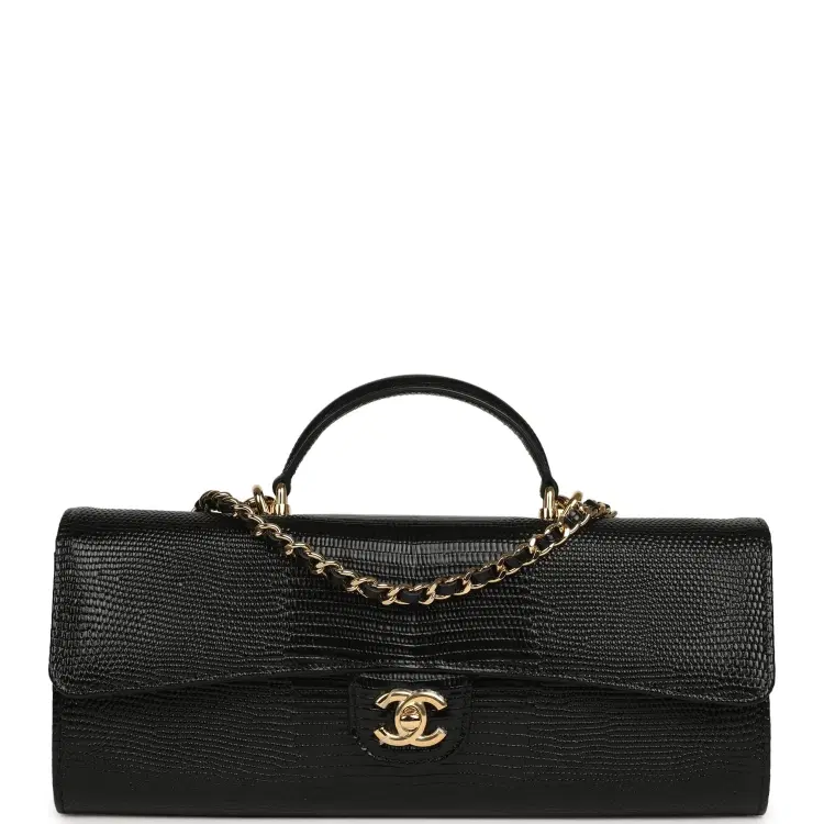 Chanel Long Top Handle Clutch with Chain Black Lizard Embossed Calfskin Gold Hardware-Hover-Image
