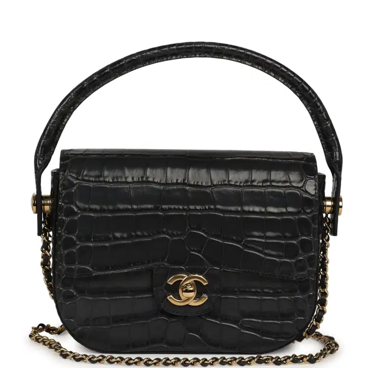 Chanel Mini Top Handle "Turn Around" Flap Dark Grey Croc Embossed Calfskin Gold Hardware-Hover-Image
