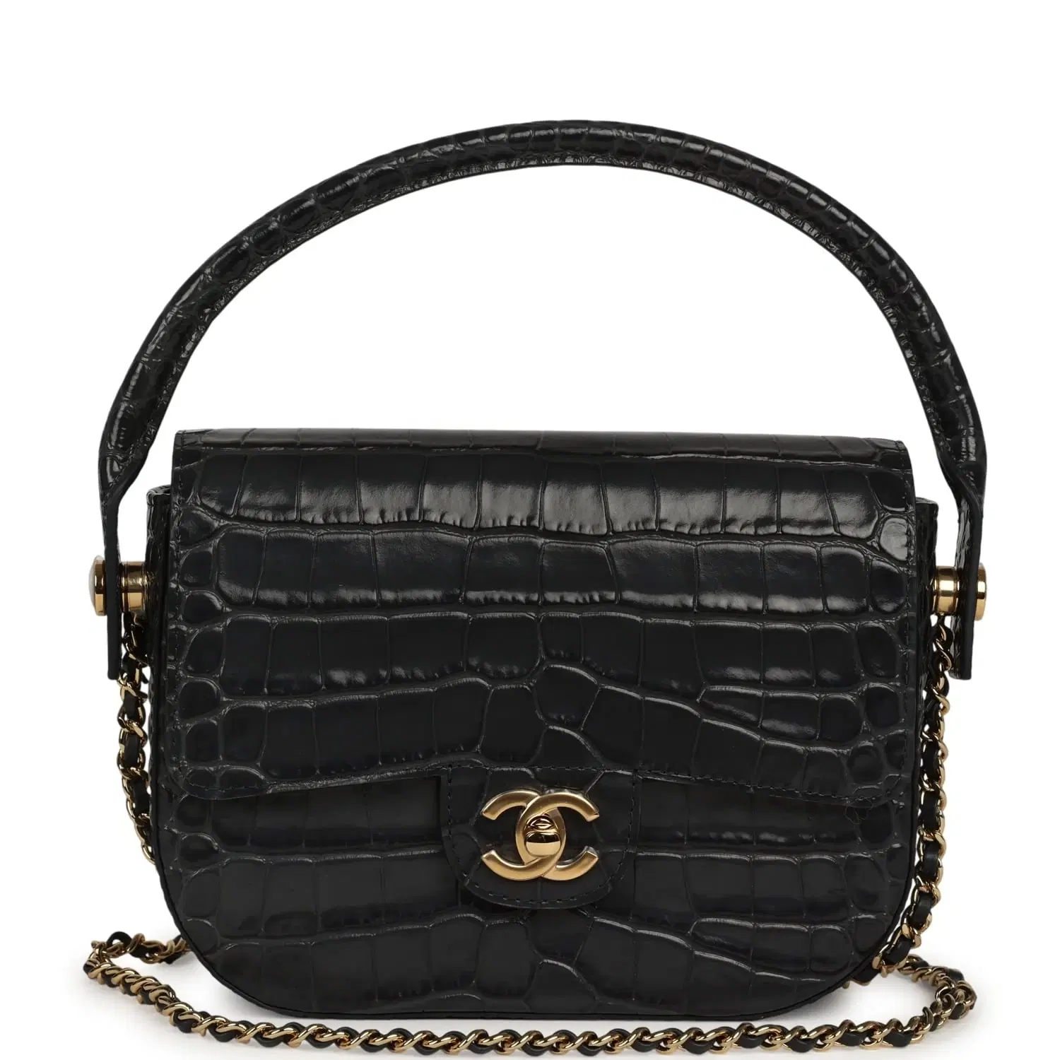 Chanel Mini Top Handle "Turn Around" Flap Dark Grey Croc Embossed Calfskin Gold Hardware
