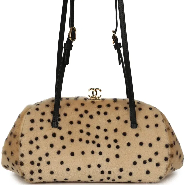Chanel Cheetah Print Clutch with Leather Straps Light Beige Calf Hair, Black Leather Gold Hardware-Hover-Image