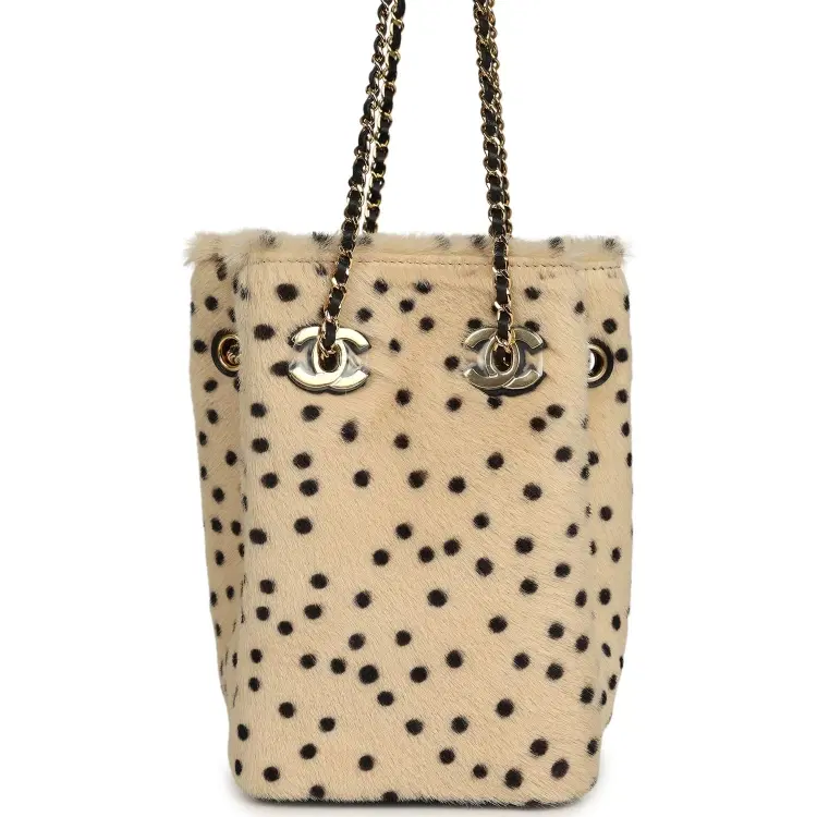 Chanel Mini "Cheetah Print" Bucket Bag with Chain Light Beige Calf Hair and Black Lambskin Gold Hardware-Hover-Image