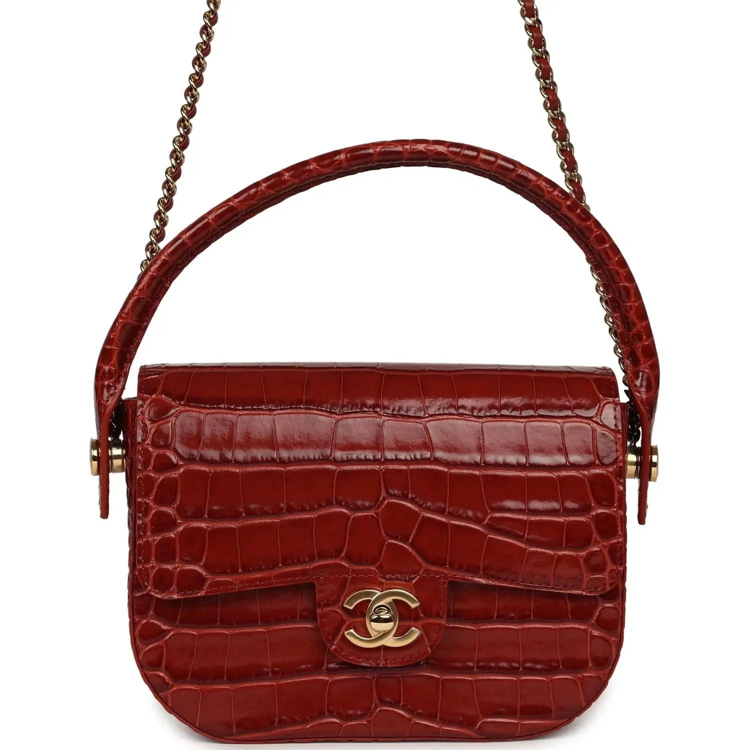 Chanel Mini Top Handle "Turn Around" Flap Bag Burgundy Croc Embossed Calfskin Gold Hardware