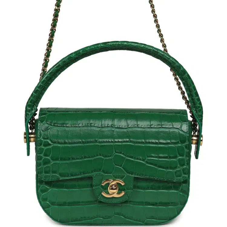 Chanel Mini Top Handle "Turn Around" Flap Bag Green Croc Embossed Calfskin Gold Hardware-Hover-Image