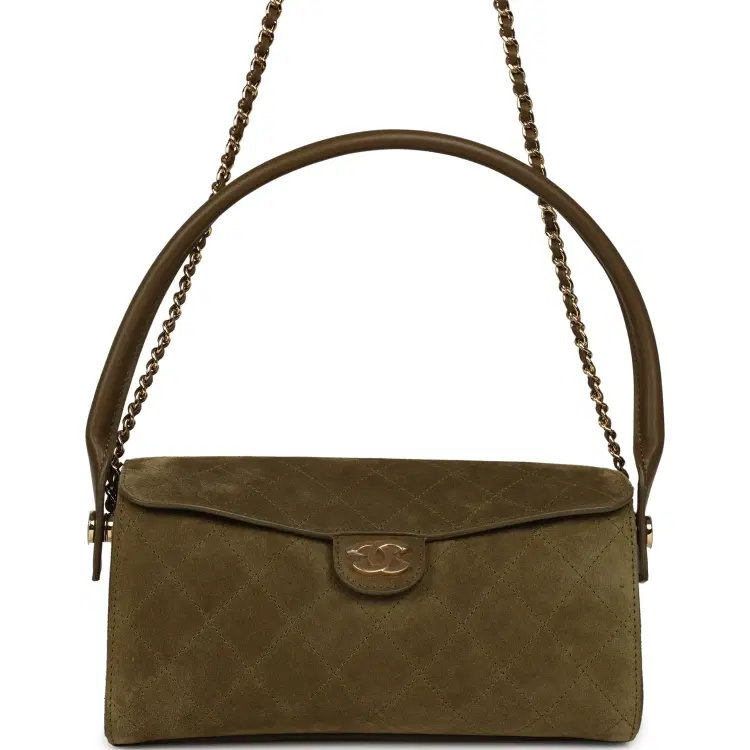 Chanel Barrel Clutch Bag with Chain Dark Khaki Suede and Calfskin Gold Hardware-Hover-Image
