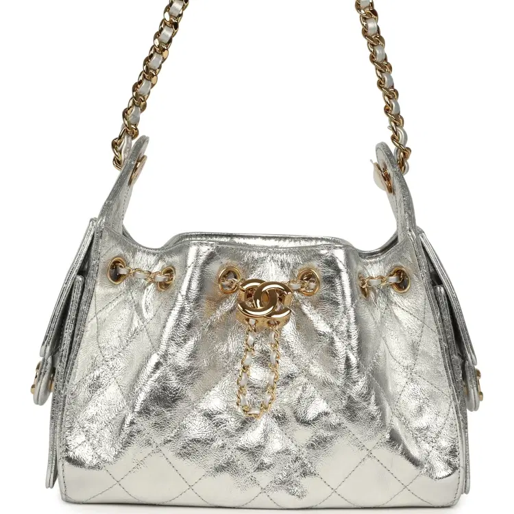 Chanel Mini 25 Hobo Bag Metallic Silver Caviar Gold Hardware-Hover-Image