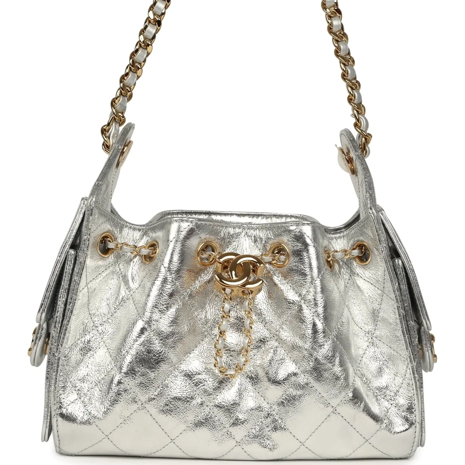 Chanel Mini 25 Hobo Bag Metallic Silver Caviar Gold Hardware