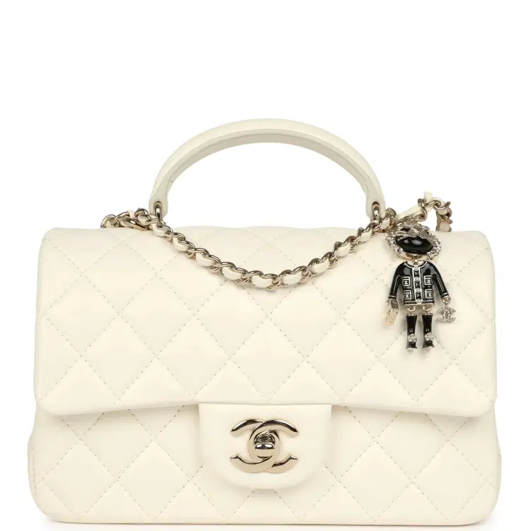 Chanel Mini Rectangular Flap Bag with Top Handle White Lambskin Light Gold Hardware-Hover-Image