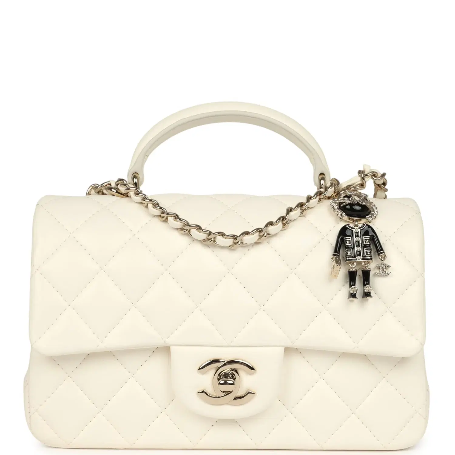 Chanel Mini Rectangular Flap Bag with Top Handle White Lambskin Light Gold Hardware