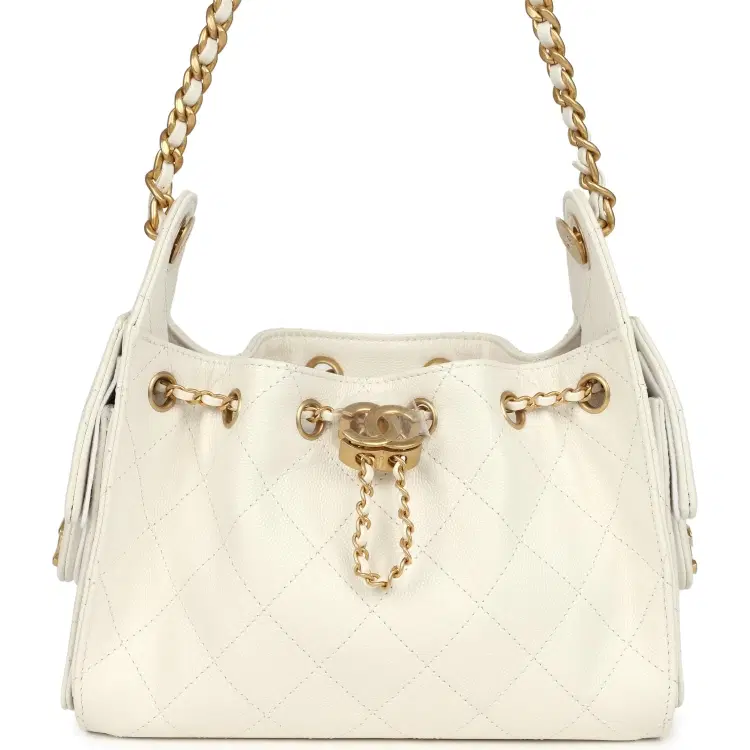 Chanel Mini 25 Hobo Bag White Caviar Antique Gold Hardware-Hover-Image