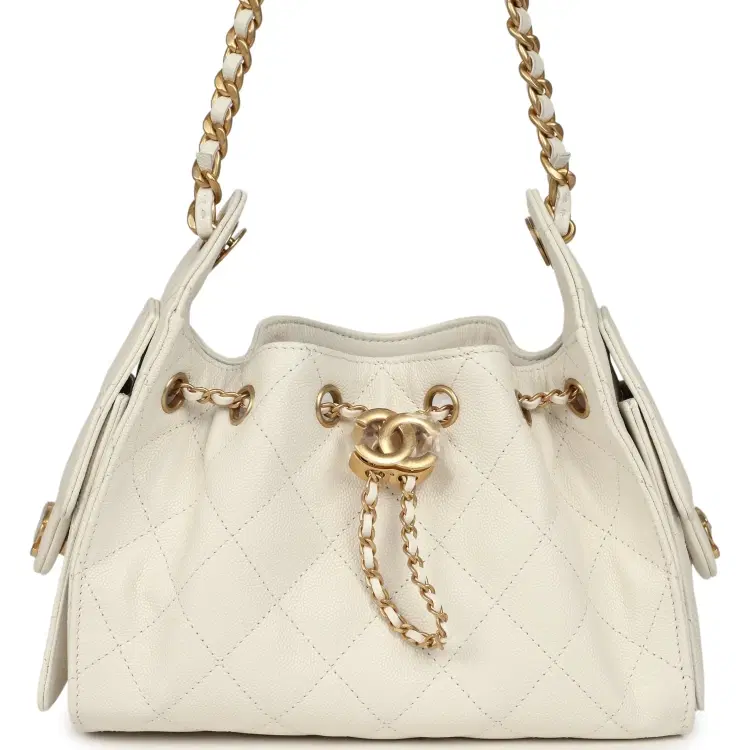 Chanel Mini 25 Hobo Bag White Caviar Antique Gold Hardware-Hover-Image