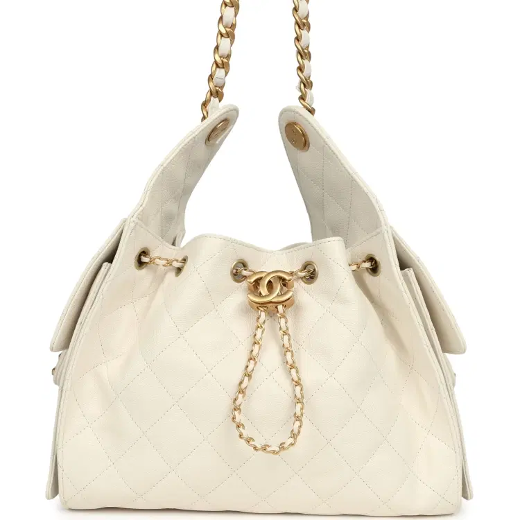 Chanel Small 25 Hobo Bag White Caviar Antique Gold Hardware-Hover-Image