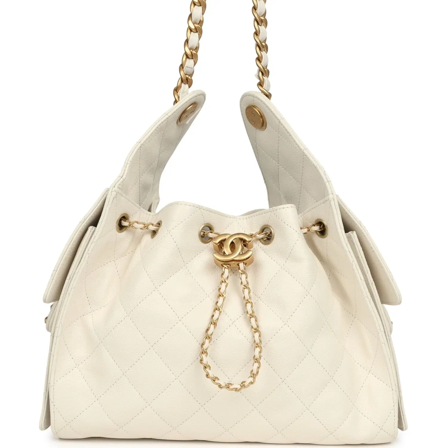 Chanel Small 25 Hobo Bag White Caviar Antique Gold Hardware
