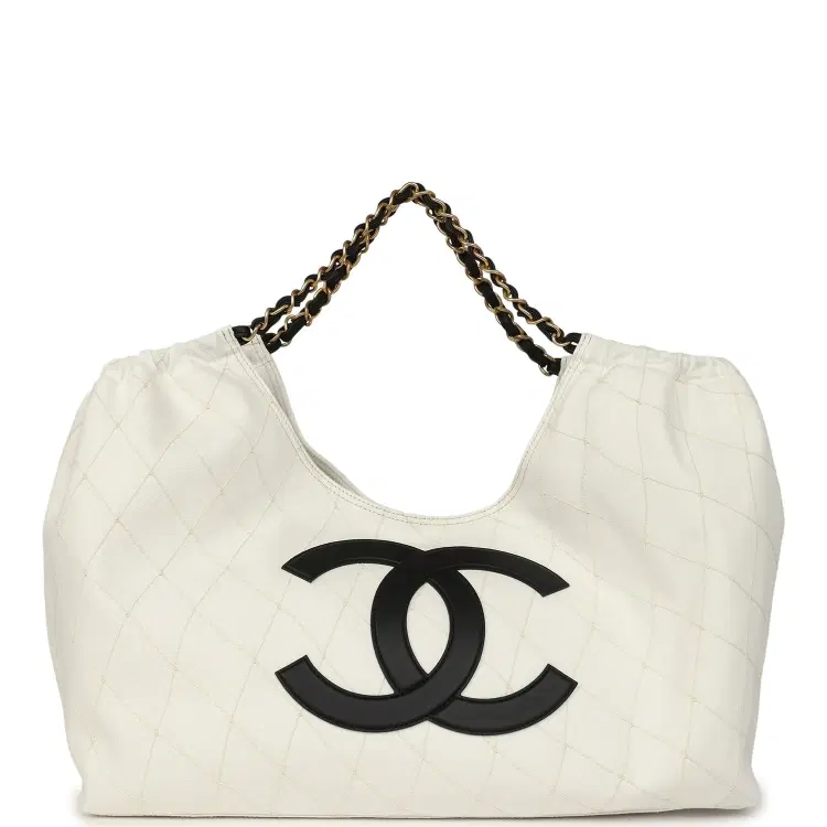 Chanel Maxi Coco Beach Cambon Hobo Bag White Denim and Black Calfskin Brushed Gold Hardware-Hover-Image