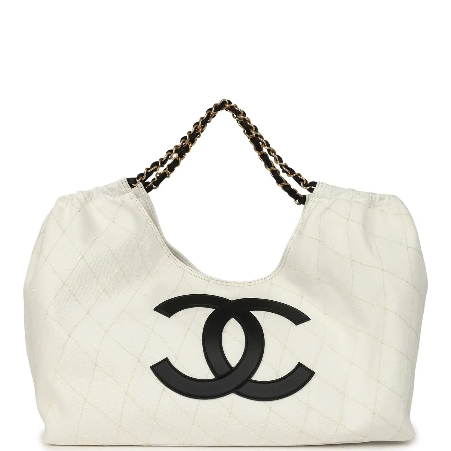 Chanel Maxi Coco Beach Cambon Hobo Bag White Denim and Black Calfskin Brushed Gold Hardware