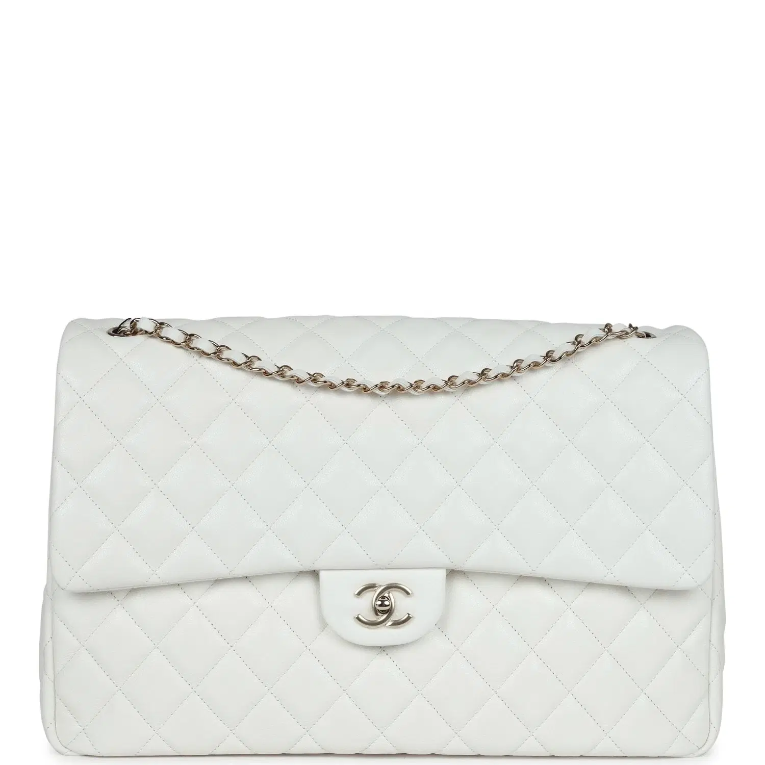 Chanel XXL Classic Single Flap Bag White Shiny Caviar Light Gold Hardware